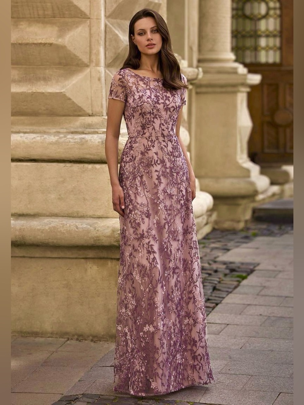 LA FEMME Lace Column Dress Dusty Lilac Purple NEW Size 10